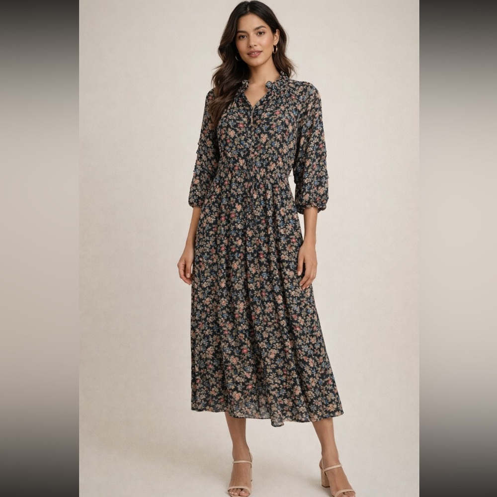 LAUREN RALPH LAUREN FLORAL CRINKLE‎ GEORGETTE DRESS Midi Bow Collar